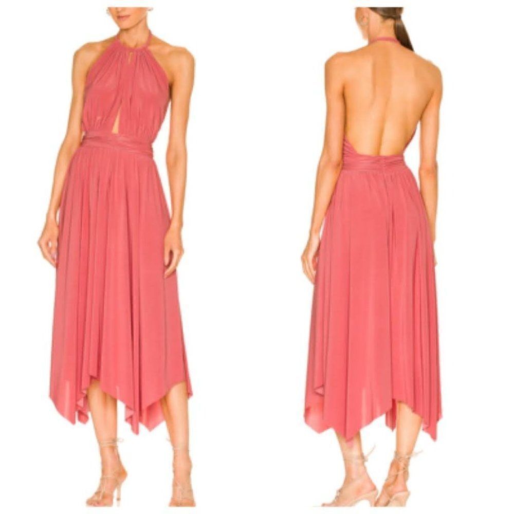 MISA LA Dusty Rose Halter Maxi Dress Keyhole Neck Ruched Waist Romantic SMALL